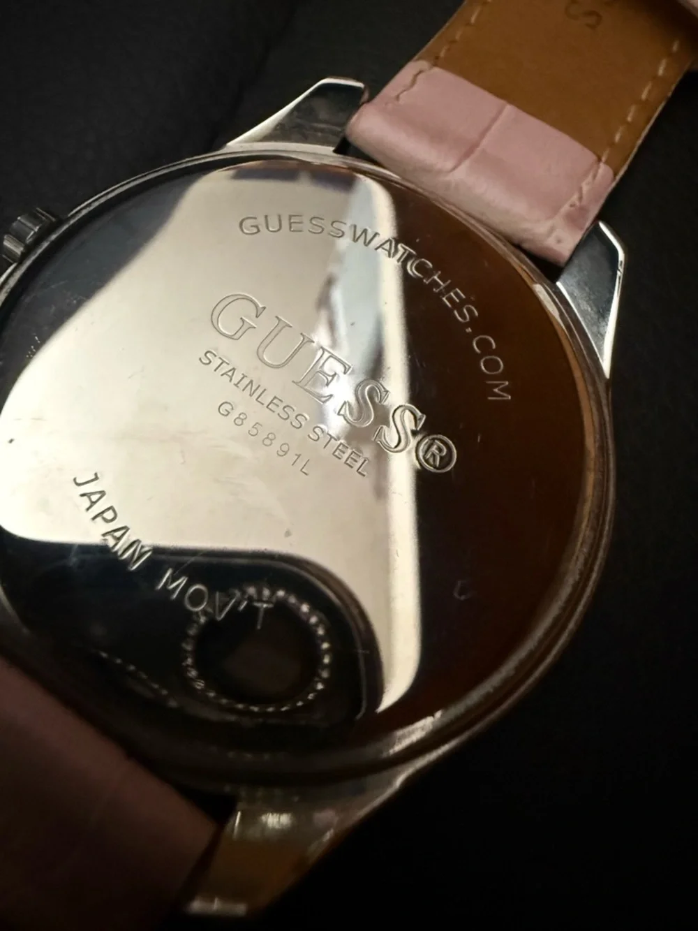 GUESS Women's Large Faced Heart Gemmed Pink Leather Band Stainless Steel Quartz